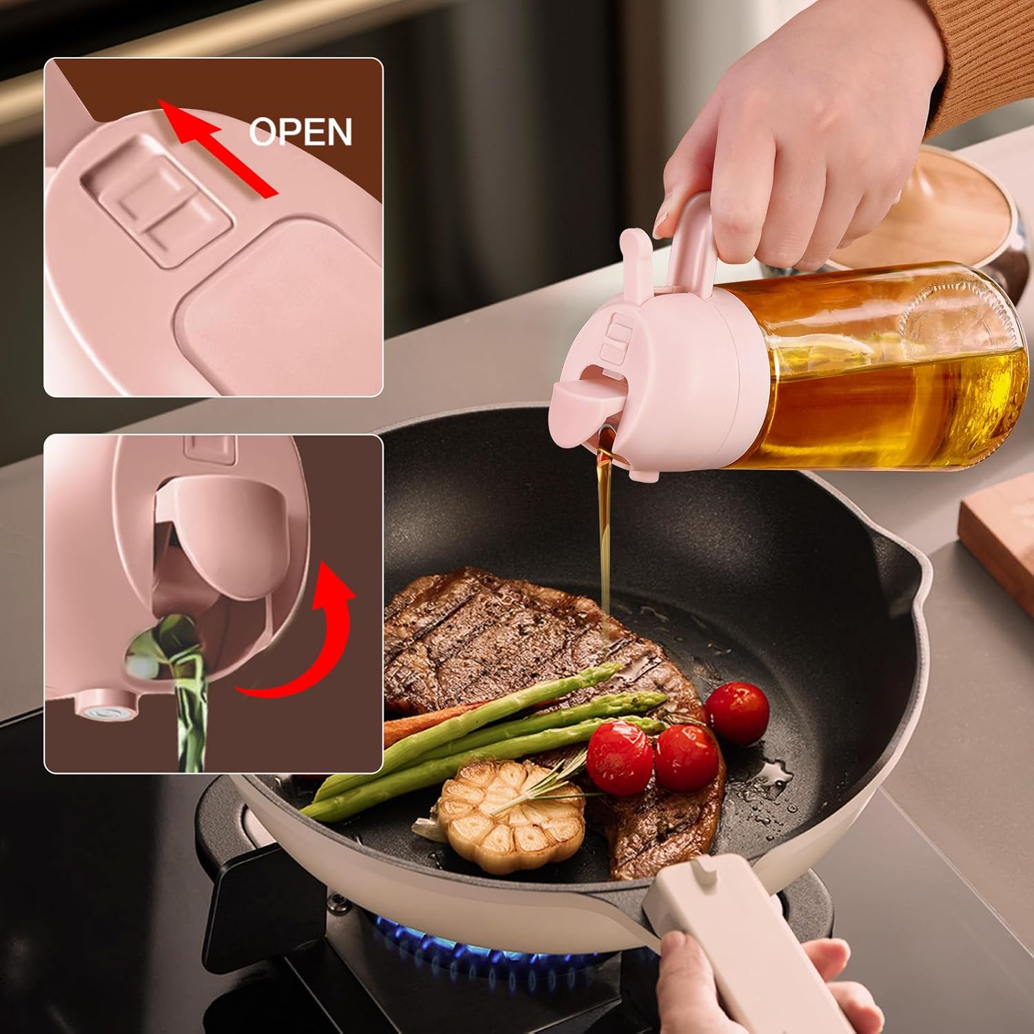 YARRAMATE Glass Olive Oil Sprayer - 2-in-1 Food Grade Spray Bottle for Cooking | 16oz Peach Pink