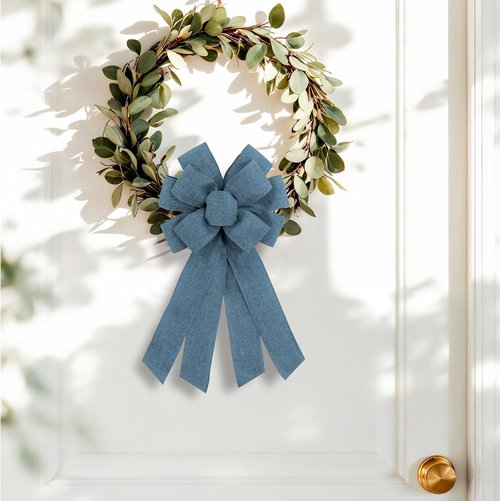 Blue Burlap Wreath Bow - 20 x 11 Inches | Easter Decor & Farmhouse Style Front Door Ornament