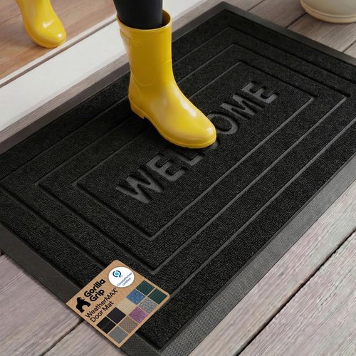 GORILLA GRIP Waterproof All-Season WeatherMAX Doormat - Natural Rubber, Stain & Fade Resistant, 29x17, Black