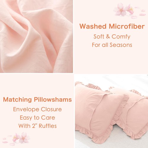 Masaca Kids Twin Ruffle Comforter Set - Shabby Boho Chic Farmhouse Rustic Bedding - 3-Piece Set (1 Ruffled Blush Comforter, 2 Pillowcases)