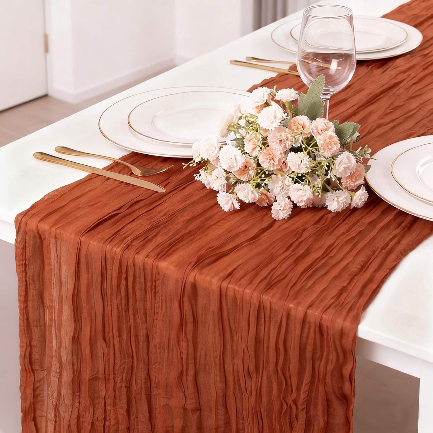 Skiennix Terracotta Cheesecloth Table Runner - 13.3 Ft Burnt Orange Boho Rustic Decor for Weddings & Holidays