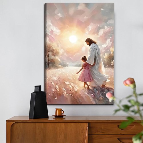 Jesus and Children Canvas Art Print - Soft Pink Sunset Wall Decor for Nursery & Living Room | 16x24 in