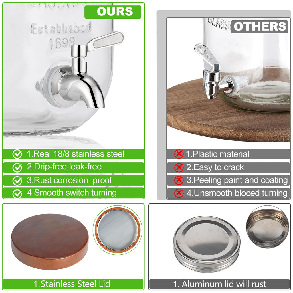 2PCS Large Drink Dispensers for Parties,Glass Beverage Dispenser with Wood Stand,Lemonade Drink Dispenser with Stainless Steel Spigot for Fridge,Water, Juice,Punch,Cocktails,Ice Tea & Sun Tea
