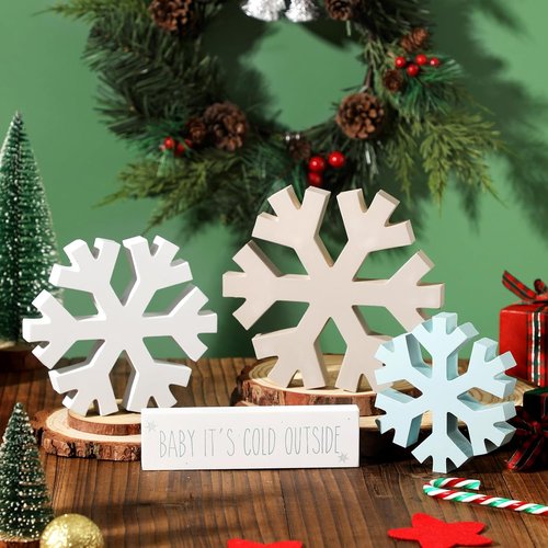 KORMMCO Winter Snowflake Fireplace Decorations - 4Pcs Farmhouse Christmas Decor | Wooden Signs for Tabletop & Shelves (White, Brown, Blue)