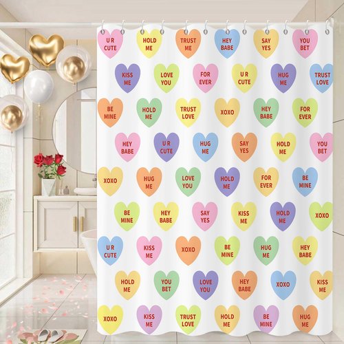 Caheansi Valentine Shower Curtain, Colorful Candy Heart Love Theme Cute Bathroom Curtain Waterproof Fabric Machine Washable with Hooks, 72" Wx72 L