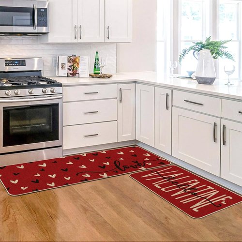 Artoid Mode Red Black Love Heart Hello Valentine's Kitchen Mats Set of 2, Home Decor Low-Profile Kitchen Rugs for Floor - 17x29 and 17x47 Inch
