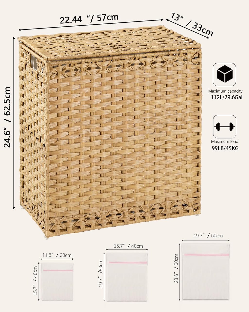 SETVSON Laundry Hamper - Handwoven Rattan Basket with Lid & 3 Removable Liners | 112L (29.6 Gal)