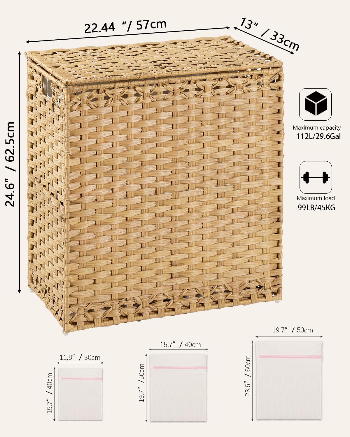 SETVSON Laundry Hamper - Handwoven Rattan Basket with Lid & 3 Removable Liners | 112L (29.6 Gal)