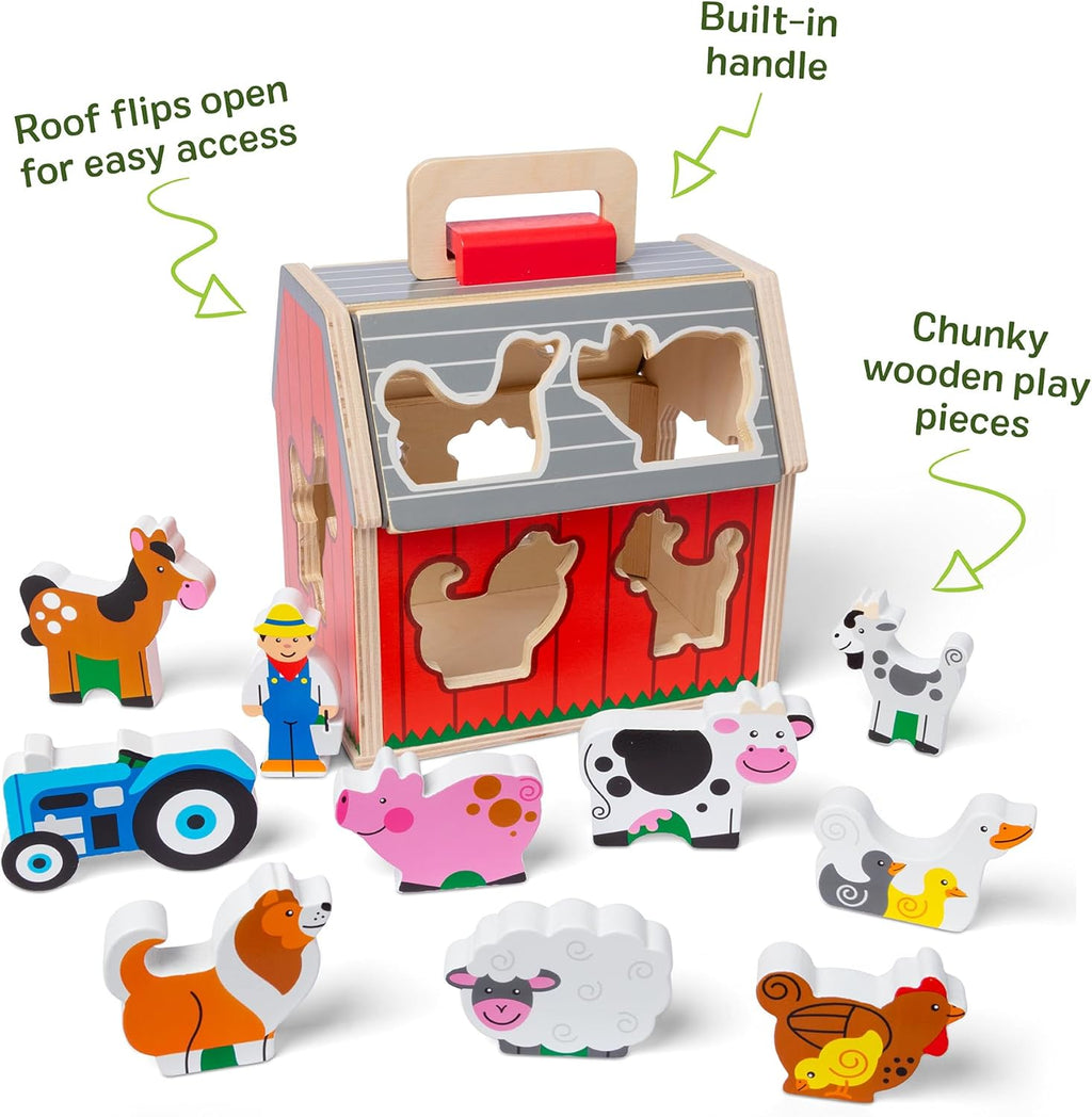 Melissa & Doug Take-Along Wooden Toy Barn - 11-Pc Portable Playset with Farm Animals & Pop-Up Roof for Toddlers 2+