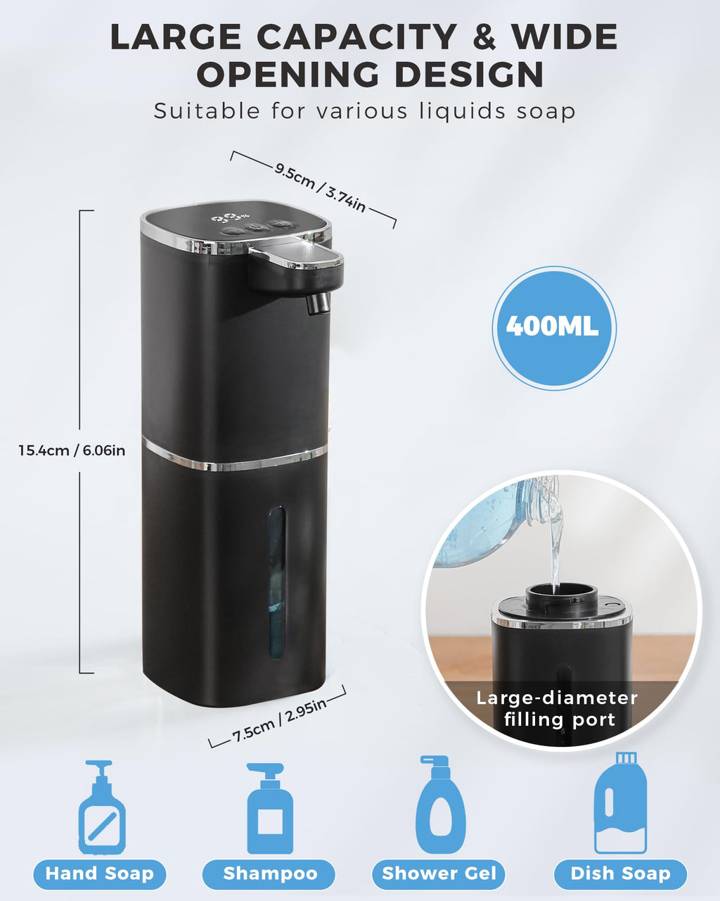 Automatic Liquid Soap Dispenser, 13.5oz/400mL, USB Rechargeable, 9-Level Adjustable, IPX5 Waterproof, Touchless & Wall/Tabletop, Compatible with Thick Thin Dish Soap for Kitchen Bathroom, Black