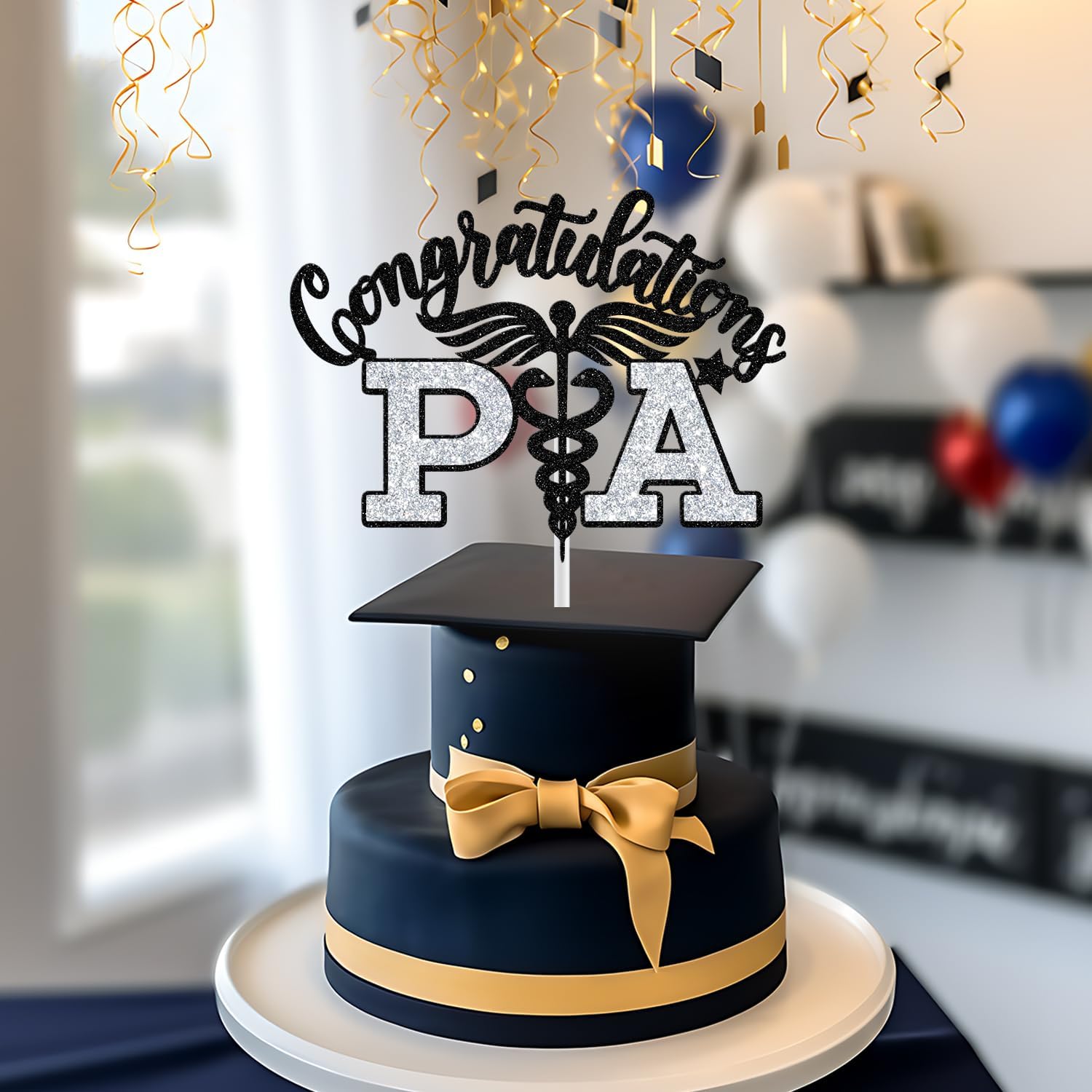PA Cake Topper - Graduation Decorations 2025 | Congrats Nurse/Doctor - Black & Silver Glitter