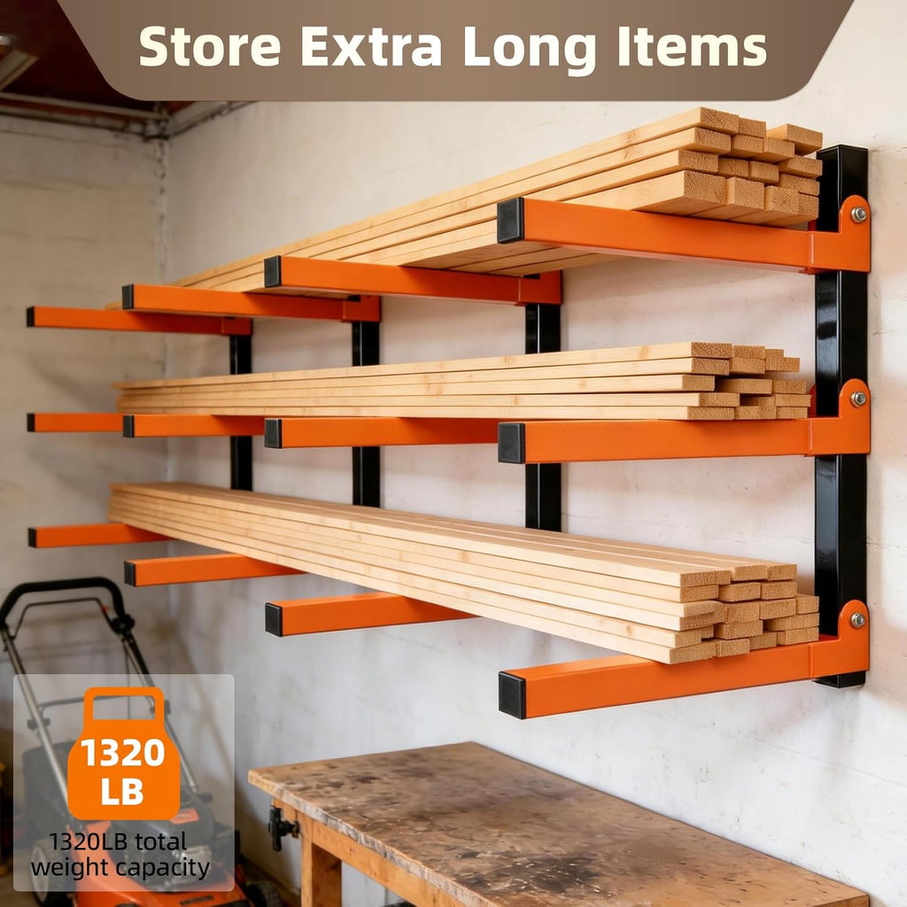 Skiennix Wall Mounted Lumber Storage Rack - Heavy Duty Steel Organizer for Garages & Workshops