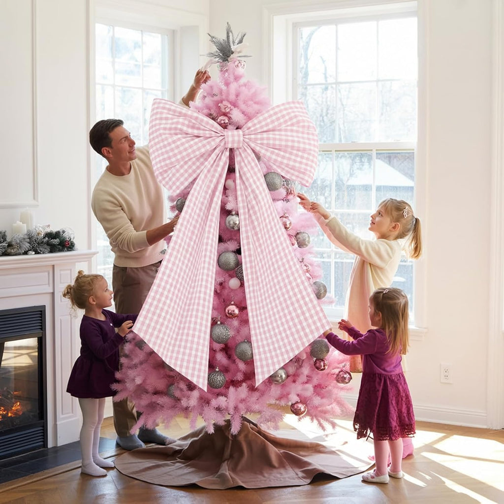 Skiennix Giant Pink Bow Decor - Checkered Coquette Bow for Birthday Parties | Textured Cotton, Large Size