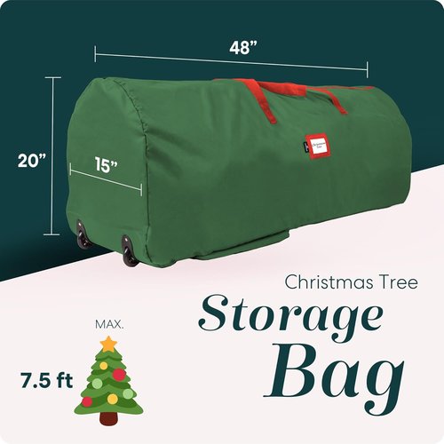 Handy Laundry Christmas Tree Storage Bag with Wheels - Heavy Duty 7.5 ft Capacity, Durable Green Container for Ornaments & Decorations