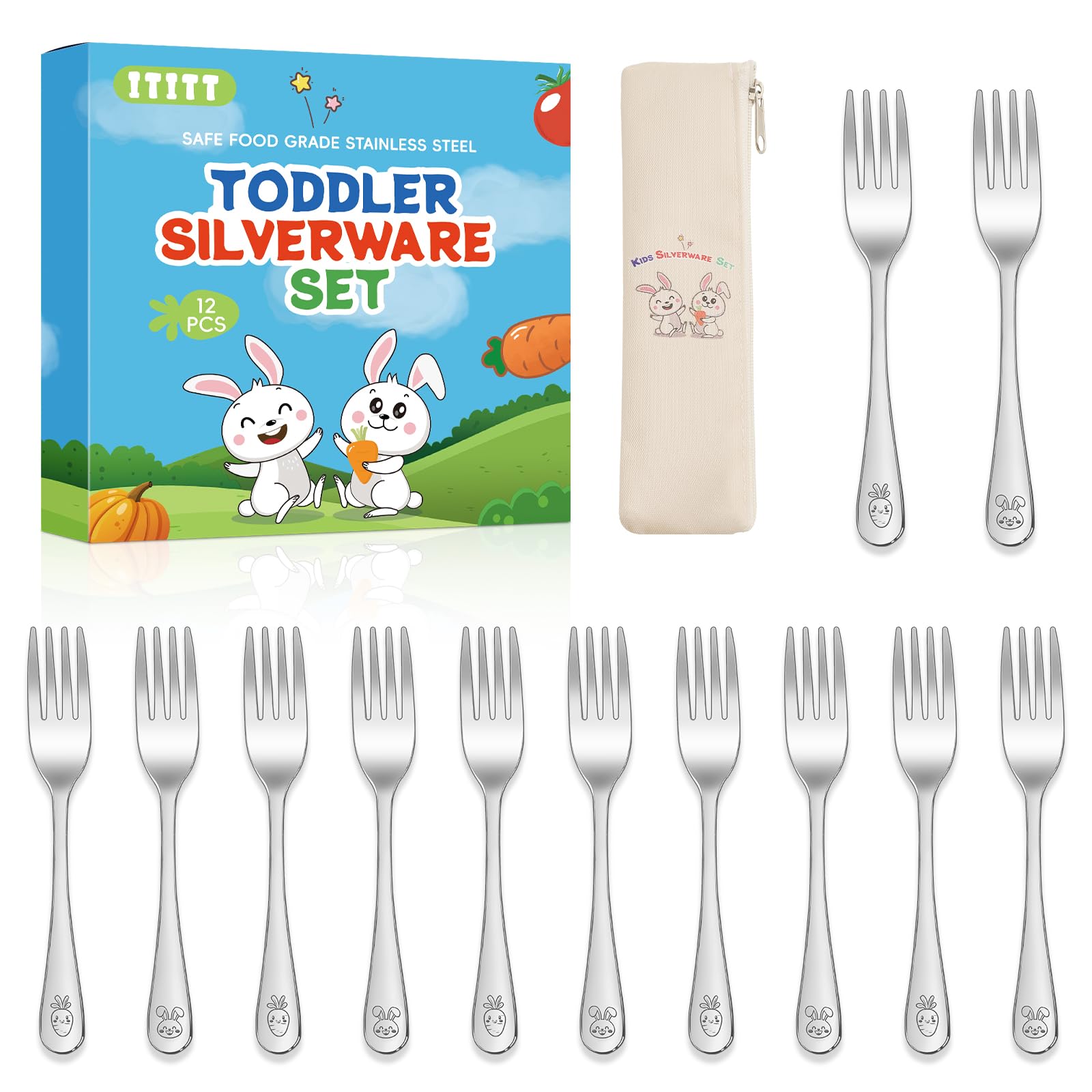 12 Pieces Stainless Steel Toddler Forks Set Kids Forks - Food Grade Kids Silverware Set Children Safe Small Forks Mirror Polished Sturdy and Durable Dishwasher Safe