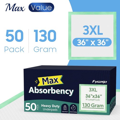 Fygrip Washable Underpads - 36” x 54” Extra Heavy Absorbency | 50 Count Disposable 36” x 36” Max Absorbency