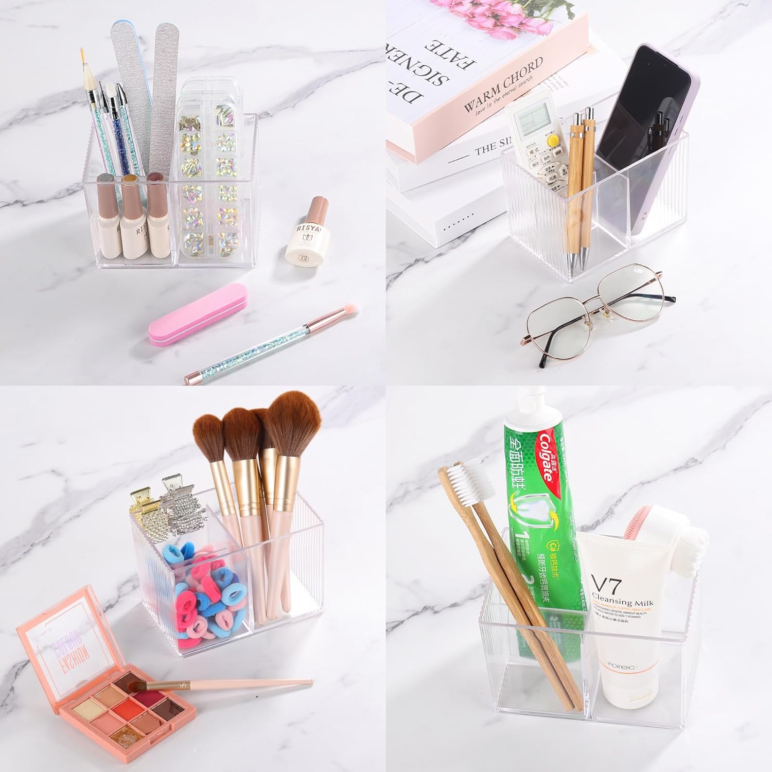 Ohlove Qtip Holder - Bamboo Lids & 3 Compartments | Clear Plastic Cotton Ball Dispenser