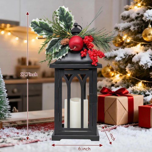 Bdor Christmas Lanterns - Set of 2 Black Decorative Candle Lanterns with LED Flameless Candle | 15" Tall Holiday Decor