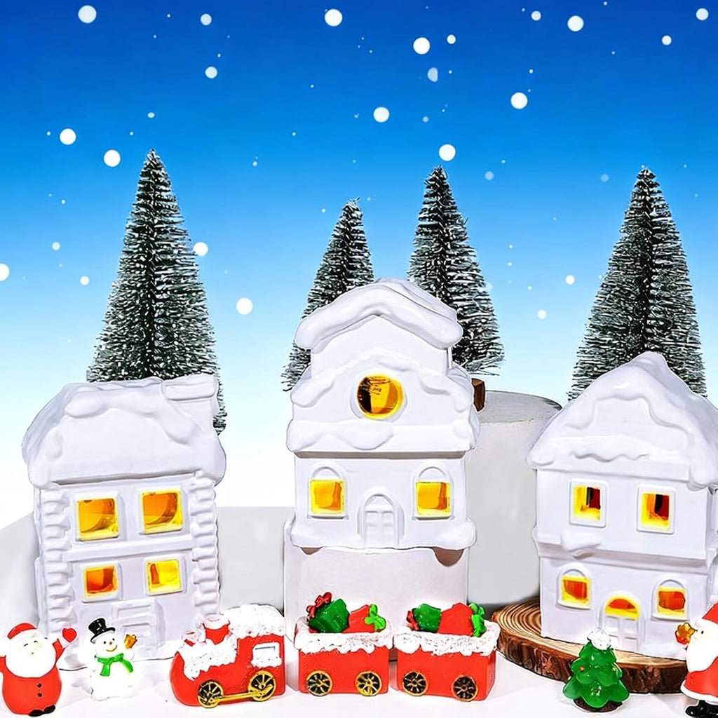 Wowagoga Ceramic Christmas Village Set - 21 Pcs White Resin Houses | 4.3 Inch Light-Up Decor Figurines