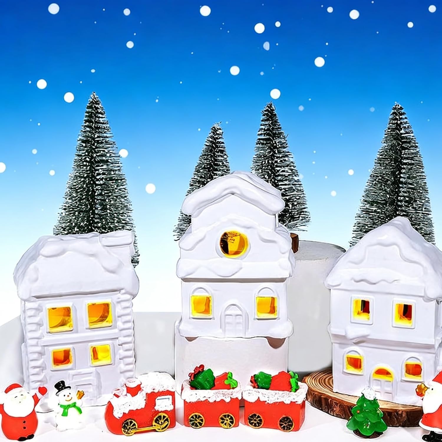 Wowagoga Ceramic Christmas Village Set - 21 Pcs White Resin Houses | 4.3 Inch Light-Up Decor Figurines
