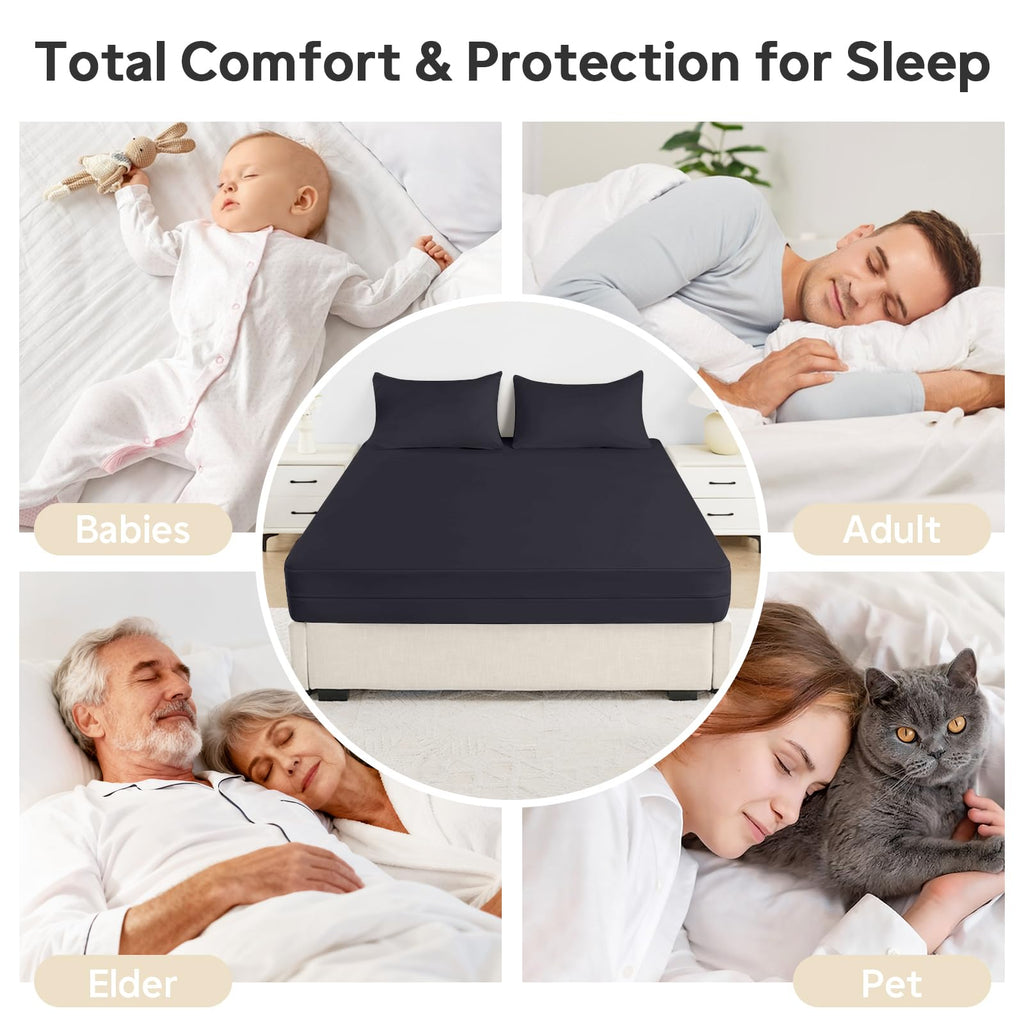 QUWOU Twin XL Mattress Protector Waterproof (8”-10”Depth) – Premium Zippered Mattress Encasement Bed Cover, Noiseless Breathable Machine Washable Six-Sided Mattress Cover for Bed, Black