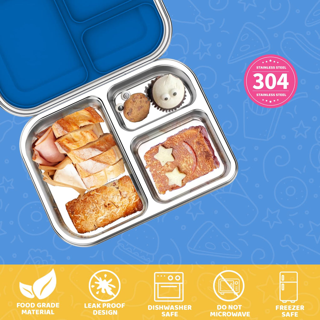 TOURPOR Stainless Steel Bento Box for Kids 1000ml - 3 Compartment Lunch Box for Adults, Leakproof Food Container, BPA-Free Metal Lunch Box with Silicone Seal, Eco-Friendly/Dishwasher Safe (Blue)