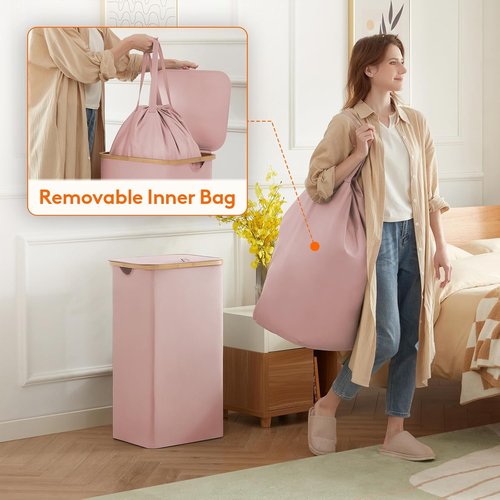 Lifewit 100L Laundry Basket - Foldable Hamper with Lid & Bamboo Handles | Pink, Removable Bag Included