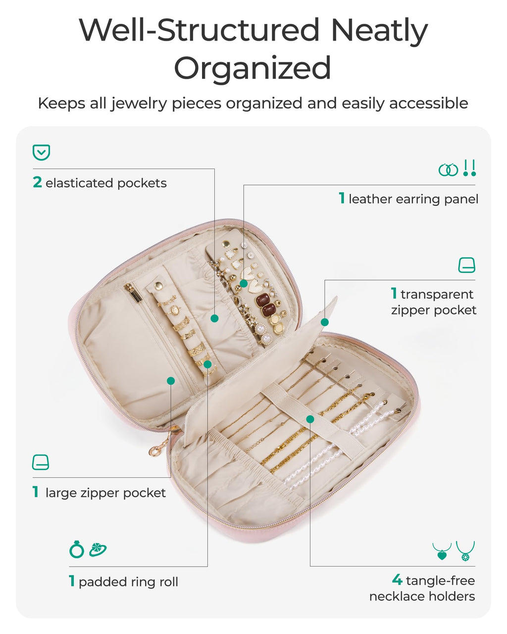 BAGSMART Travel Jewelry Case Jewelry Organizers and Storage Earings Holder Organizer for Women Necklace Holder Jewelry Rolls for Necklaces, Earrings, Bracelets-Pink