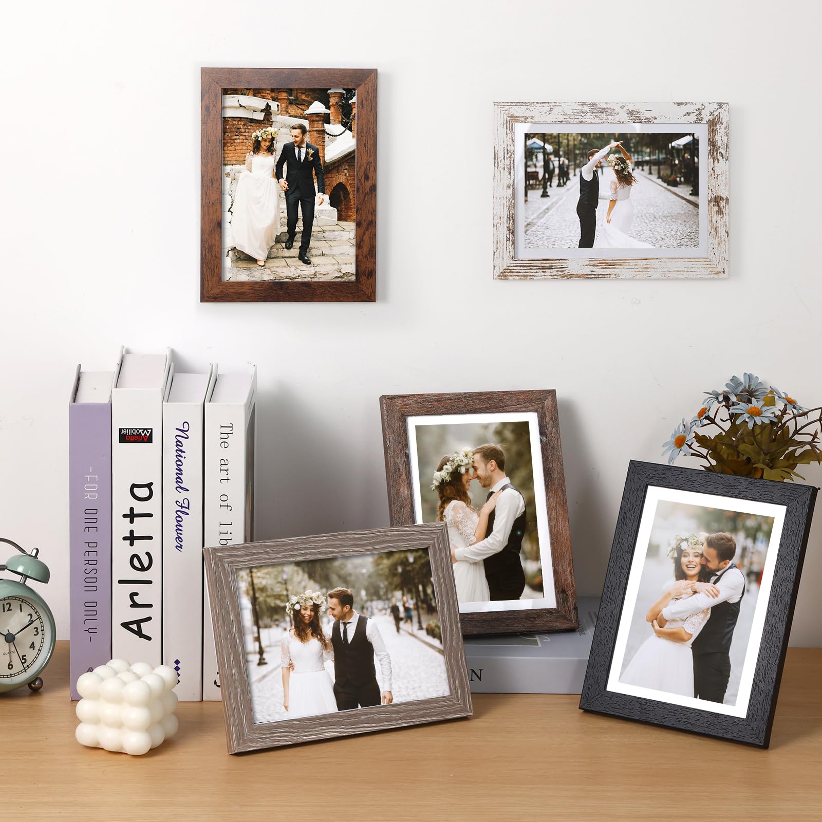 Fixwal 5x7 Picture Frame Set of 5, Vintage Multicolour Photo Frames with Tempered Glass, Decorative Art for Wall Hanging and Tabletop Placement, Display 4x6 with Mat or 5x7 Without Mat