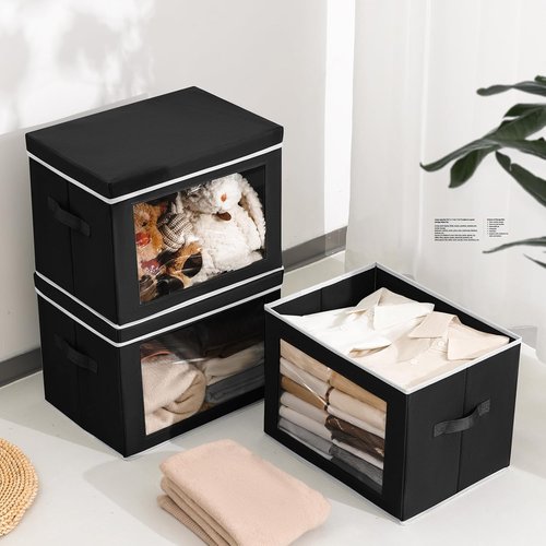 Homsorout Storage Bins - 4 Pack Large Fabric Storage Cubes with Lids & Handles | Black Organizing Solution