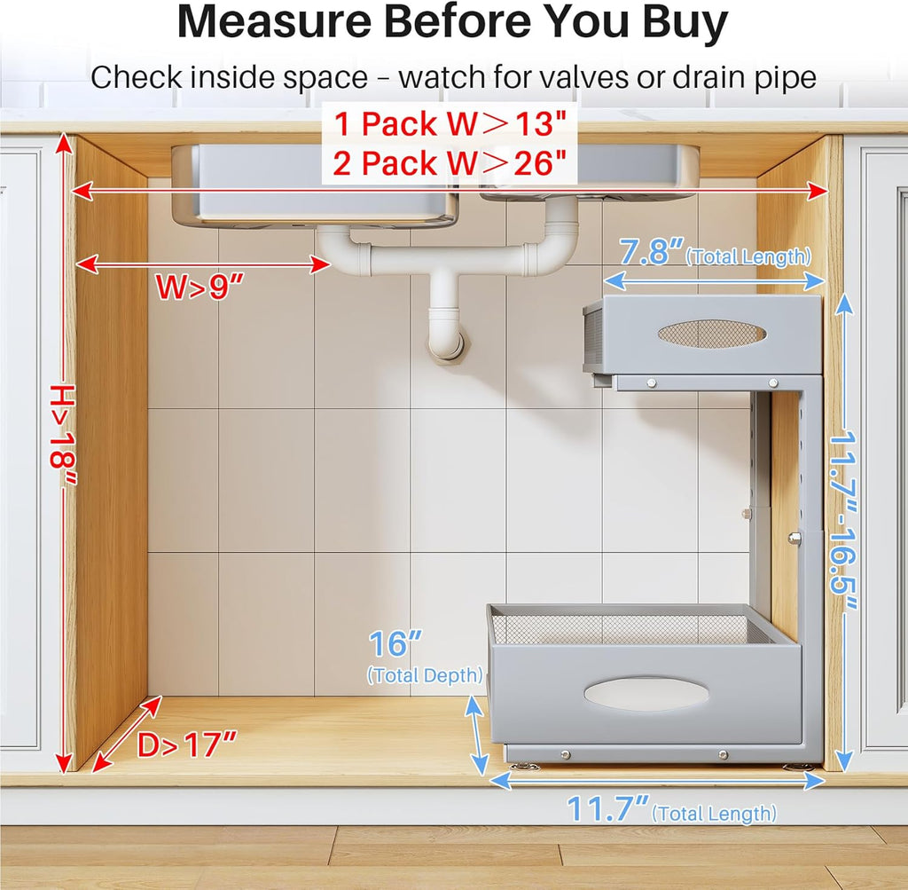 Under Sink Organizer by [Brand Name] - 2 Pack 2 Tier Pull Out Cabinet Storage with Mesh Drawers | Grey