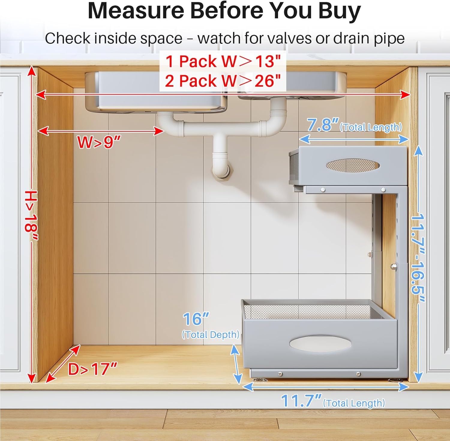 Under Sink Organizer by [Brand Name] - 2 Pack 2 Tier Pull Out Cabinet Storage with Mesh Drawers | Grey