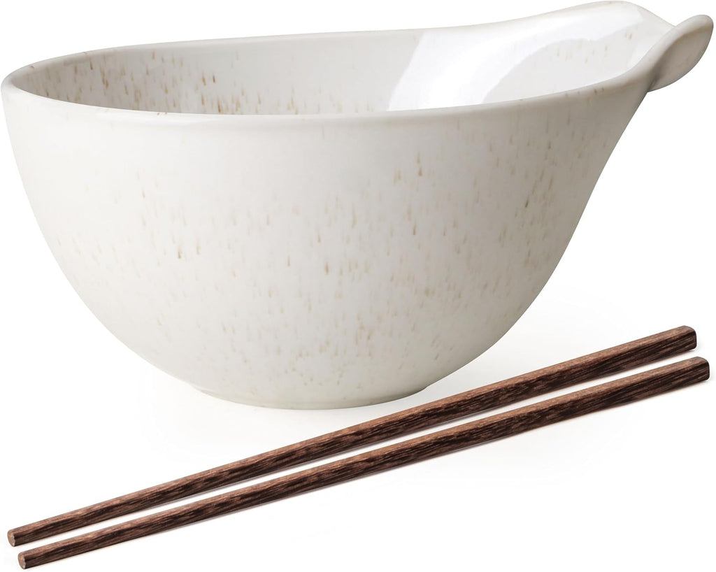 Artena Ramen Bowl Set - 42oz Ceramic Noodle Bowl with Chopsticks | Large Deep Soup & Pasta Bowl - White Gourd Design