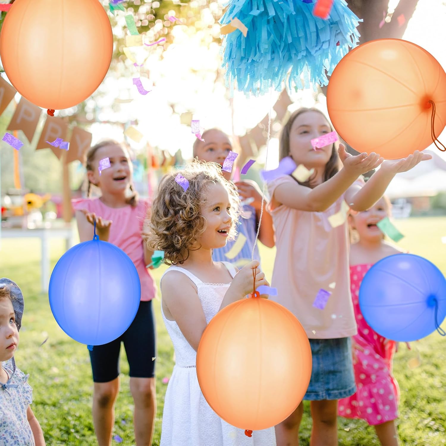 Soulchen Punch Balloons - 24 Pcs Blue & Orange Party Favors for Kids' Birthday Decorations | Thickened with Rubber Band Handle