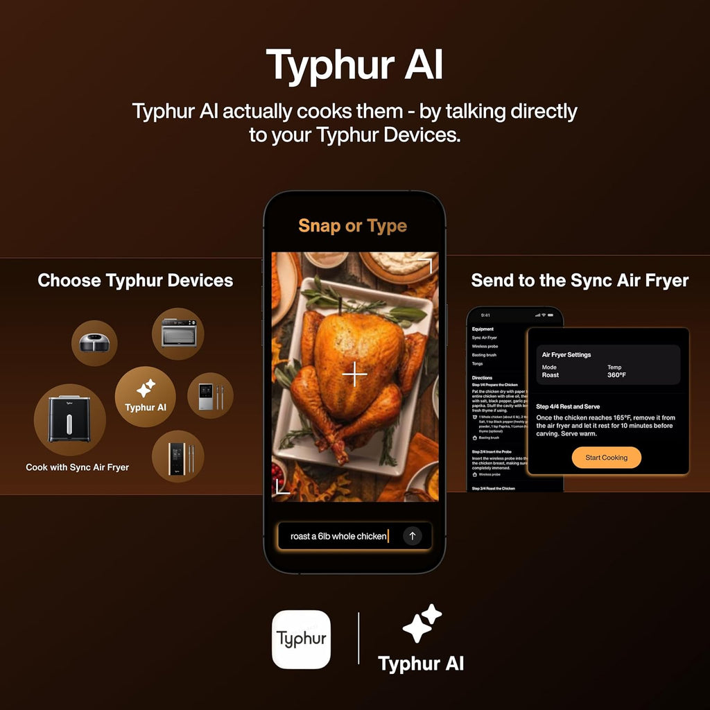 Typhur Sync 8QT AI Smart Air Fryer - 9-in-1 Non-Toxic Ceramic with Wireless Thermometer | Cooks 6lb Chicken