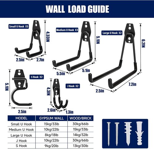 Heavy Duty Garage Hooks by Garage Hooks | 17-Pack Anti-Slip Wall Mount Utility Hooks for Garden Tools, Ladders & More