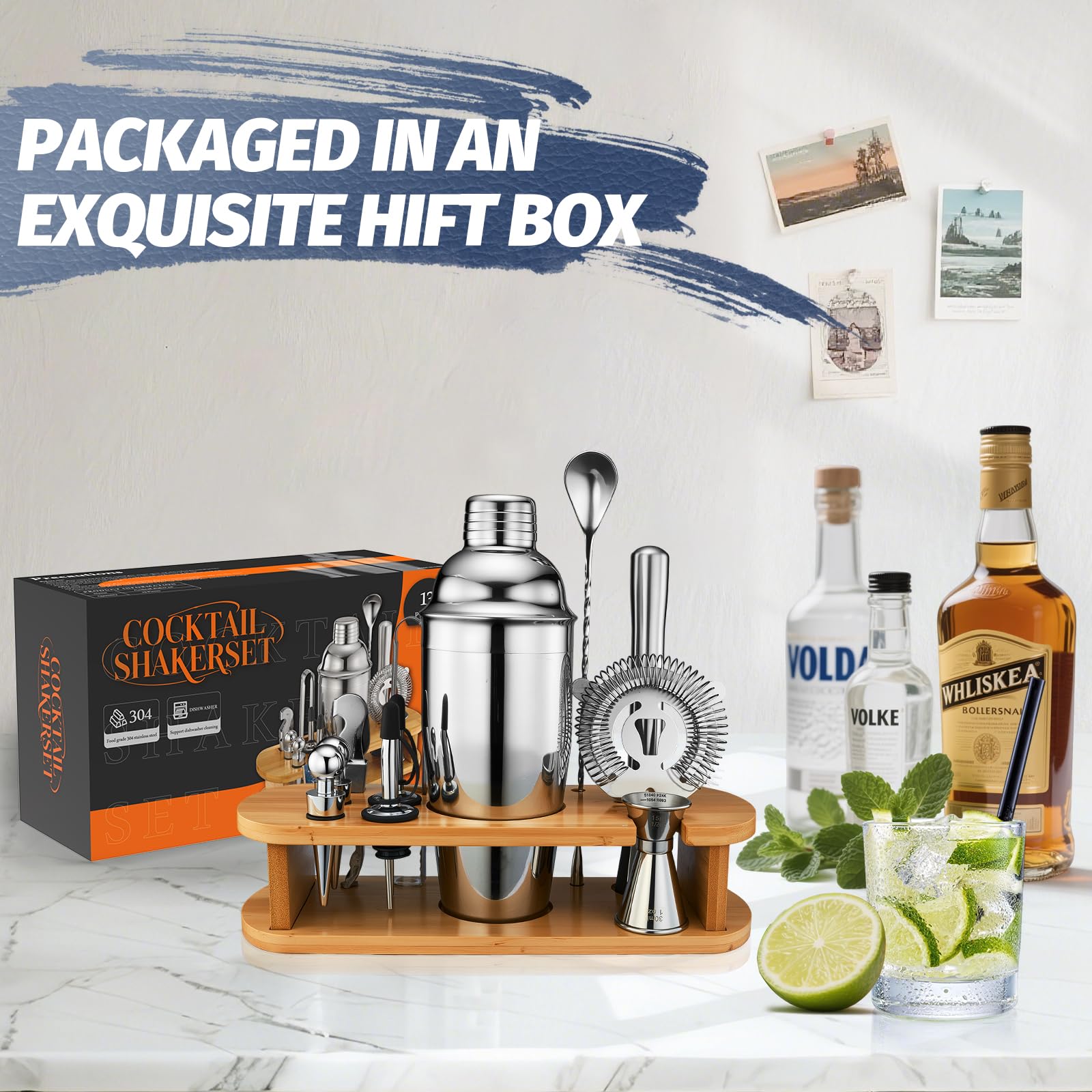 Cocktail Shaker Set Bartender Kit: 13-Pcs Bar Tools Set with Bamboo Stand, Essential Bar Accessories for Home: 25oz Martini Shaker, Jigger, Bar Spoon, Professional Cocktails Kit for Drink Mixing |Gift