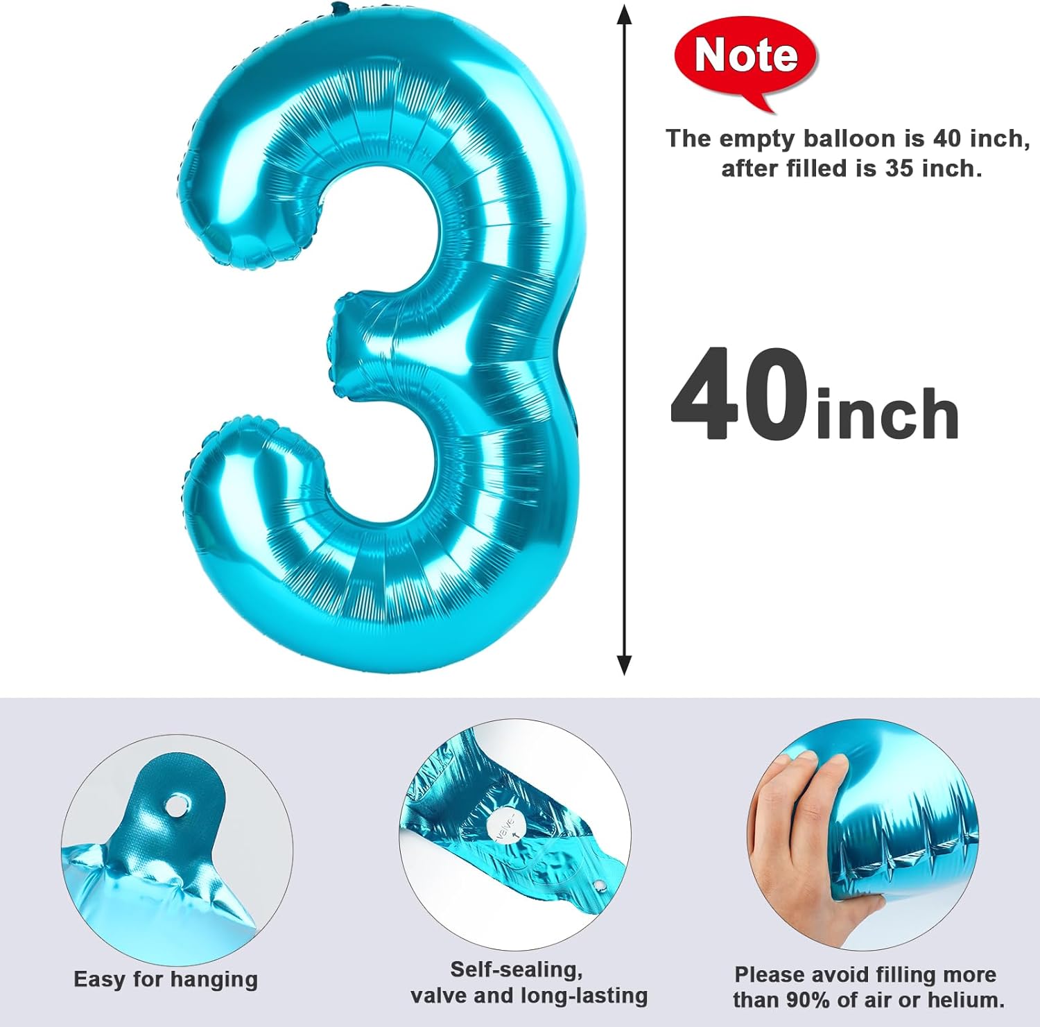 Numbers Balloon - 40 Inch Large Light Blue Balloon for Three Year Old Birthday Decor | Party Decorations