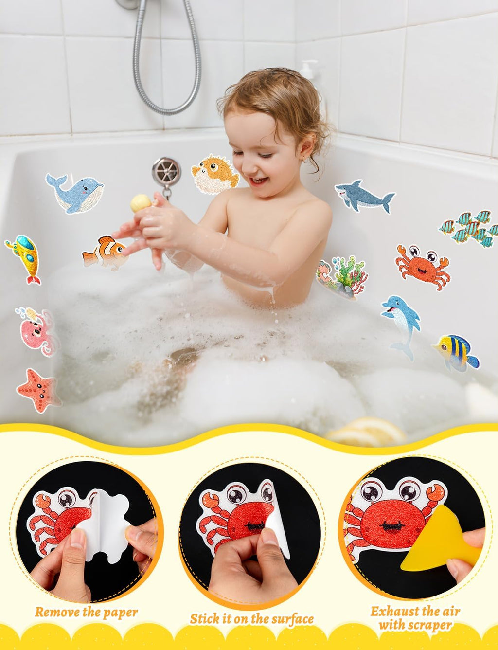 26Pcs Non Slip Bathtub Stickers, Cute Ocean Creature Stickers with Scraper, Anti Slip Bath Tub Shower Decal with Adhesive Back for Bathroom, Shower Stairs
