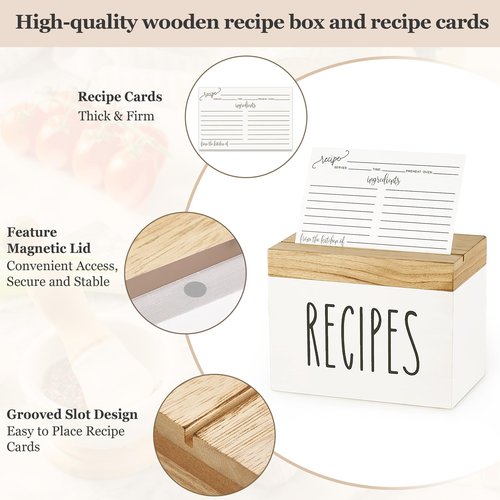 Dahey Wooden Recipe Box White Recipe Organizer with 100 Recipe Cards and 6 Dividers, Recipe Card Holder Box Set with Lid and Slots to Write in Your Own Recipes for Cooking Lover Kitchen, 6.9''x4.3''