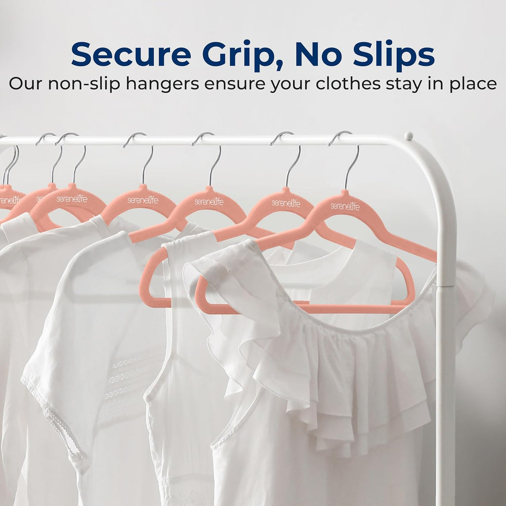 SereneLife Velvet Hangers - Non-Slip Felt Design with 360° Swivel Hook - Ultra-Thin & Space-Saving for Shirts, Sweaters, Kids Clothes & More