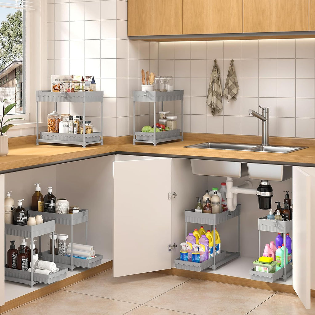 Sevenblue 3-Pack Under Sink Organizers - 2-Tier Kitchen & Bathroom Storage with Sliding Drawers | Gray, 14.8 Inch