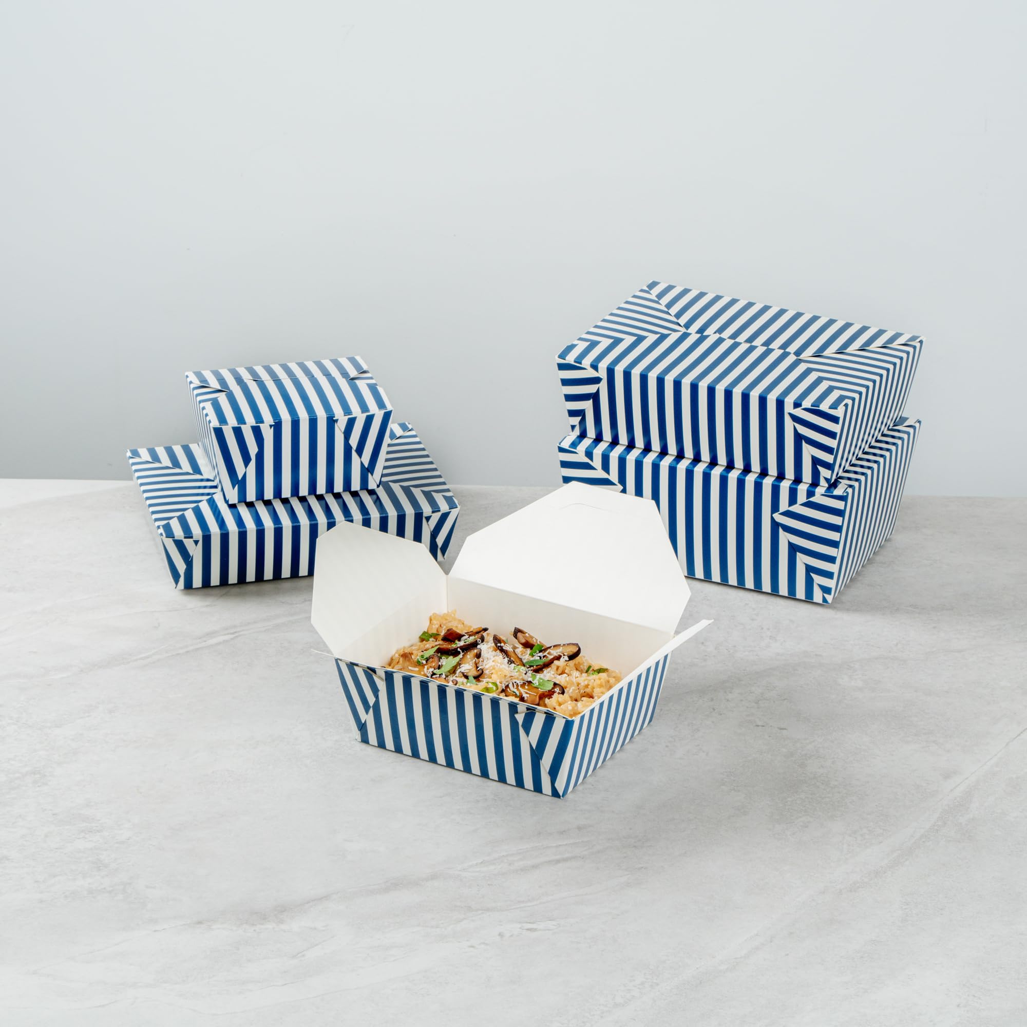 Restaurantware-Bio Tek 6.7 x 5.5 x 2.6 Inch Food Containers, 200 Durable Takeaway Boxes - Disposable, Striped, Blue And White Paper 45 Ounce Takeout Boxes, Rectangle, For Takeouts And Delivery