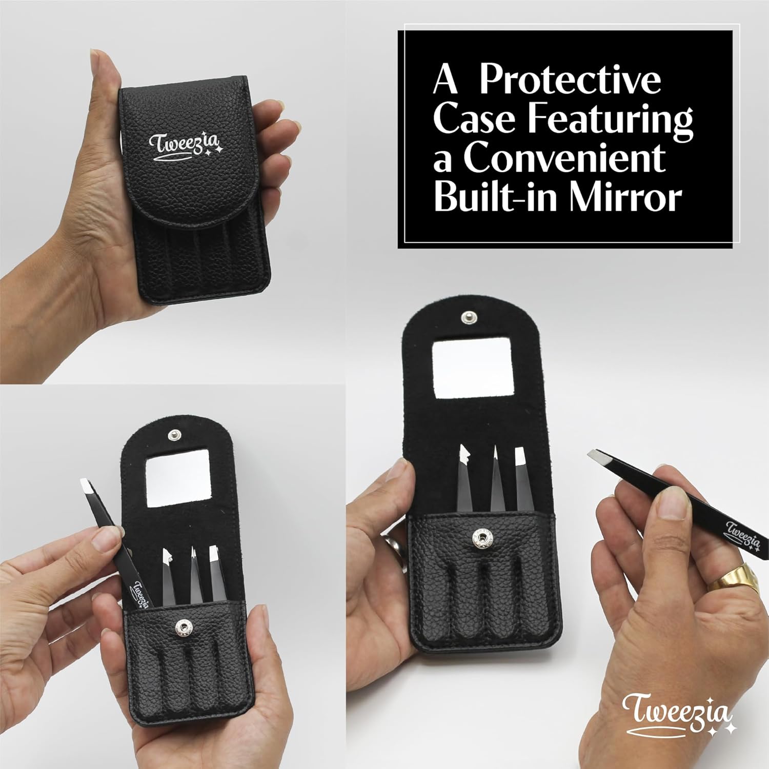 TWEEZIA Stainless Steel Tweezer Set - 4 Precision Tweezers with Mirror & Leather Case | Ideal for Eyebrows, Ingrown Hairs & Splinters