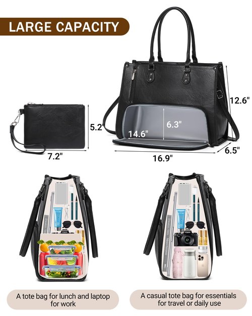 Laptop Tote Bag with Insulated Lunch Compartment for Women Work, PU Leather Lunch Bag with 15.6 Inch Computer Compartment