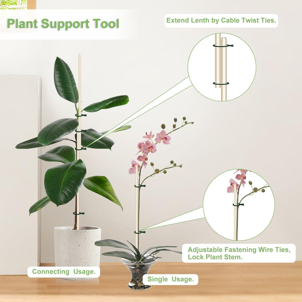Bamboo Plant Stakes - 18 Inch Wooden Support for Gardening | 46 PCS with Wires for Indoor Plants