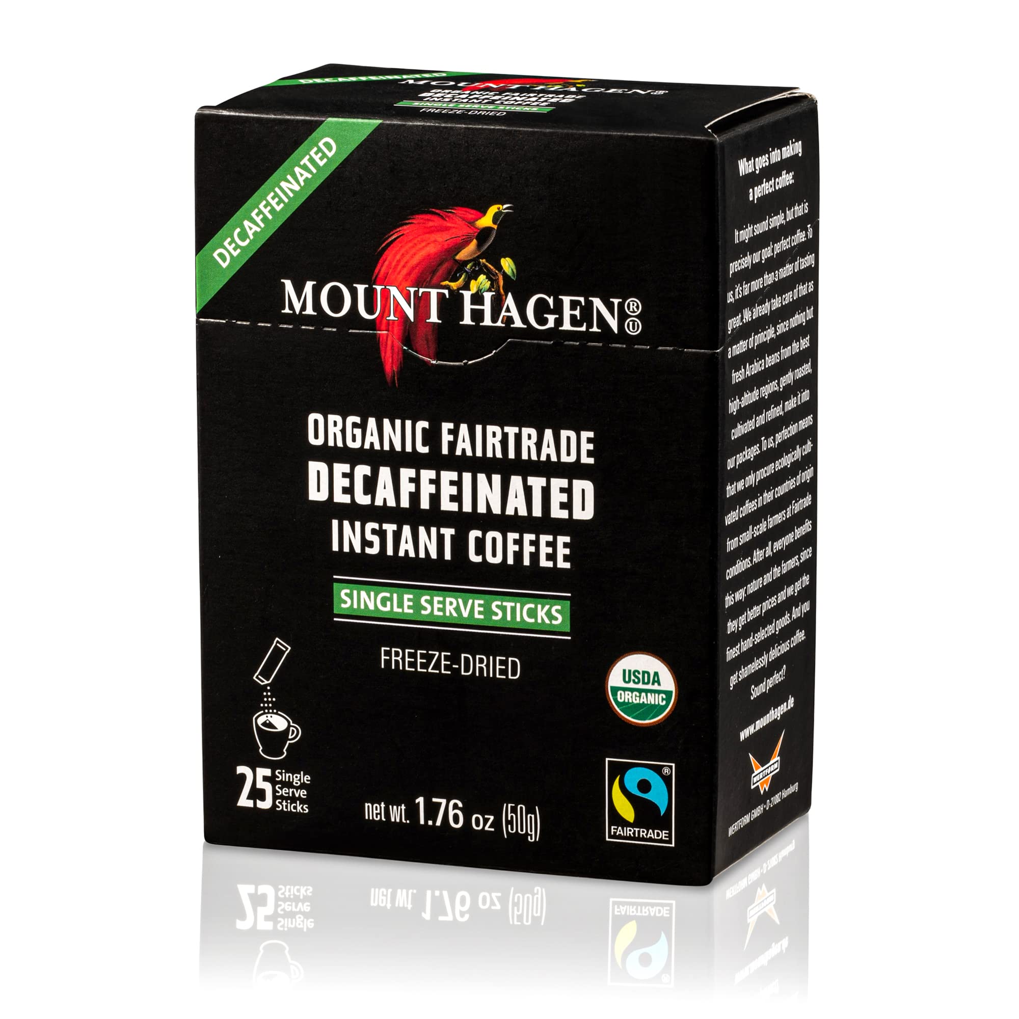 Mount Hagen 25 Count Single Serve Instant Decaf Coffee Packets - 8 pack | Decaffeinated Organic Medium Roast Arabica Beans | Eco-friendly, Fair-Trade [8 x 25 sticks/1.76oz/50g], Pack of 8