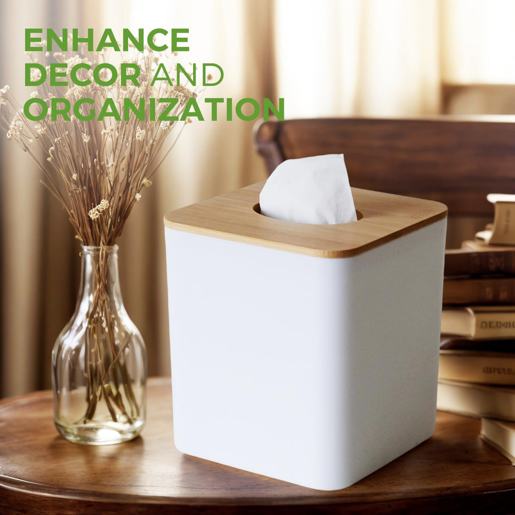 Tissue Box Cover Square, White Tissue Box Holder with Bamboo Cover Plate, Cube Tissue Box Cover for Desk Accessories, Tissue Holders Decorative Square Tissue Box Tissue Holders for Bathrooms Bedrooms