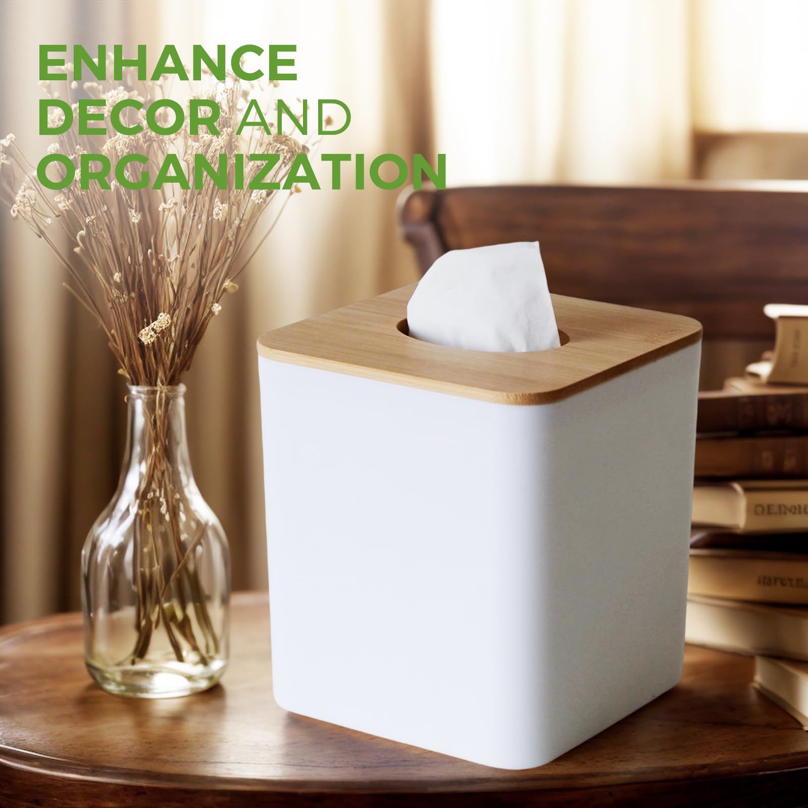 Tissue Box Cover Square, White Tissue Box Holder with Bamboo Cover Plate, Cube Tissue Box Cover for Desk Accessories, Tissue Holders Decorative Square Tissue Box Tissue Holders for Bathrooms Bedrooms
