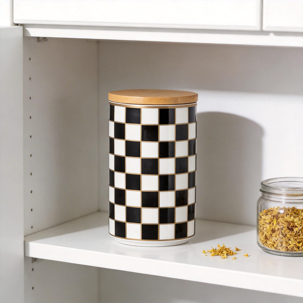 XYQXYQ Kitchen Countertop Ceramic Checkered Canisters,Black And White Food Storage Containers With Lid,Airtight Kitchen Canisters for Flour, Sugar, Coffee, Tea, and Dry Goods (Black, Large)